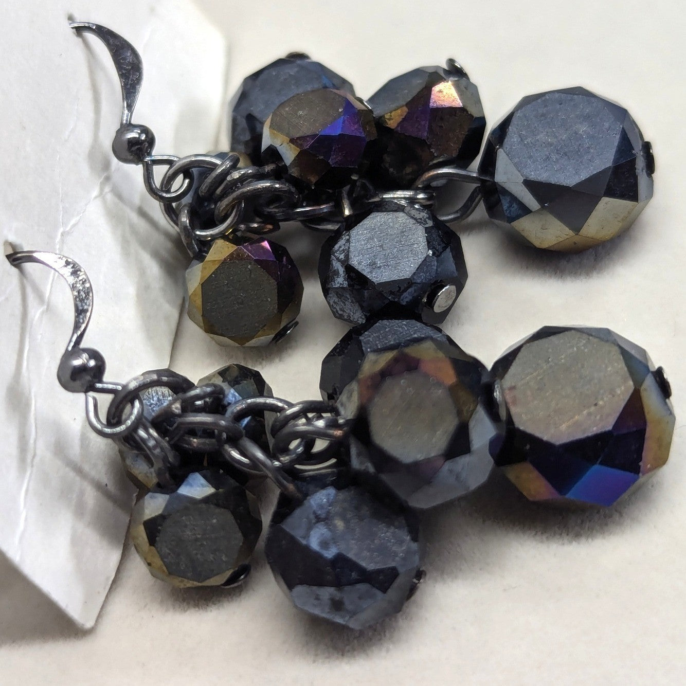 Vintage Cluster Drop Earrings Black Iridescent Beaded Gunmetal Goth Cold Glass