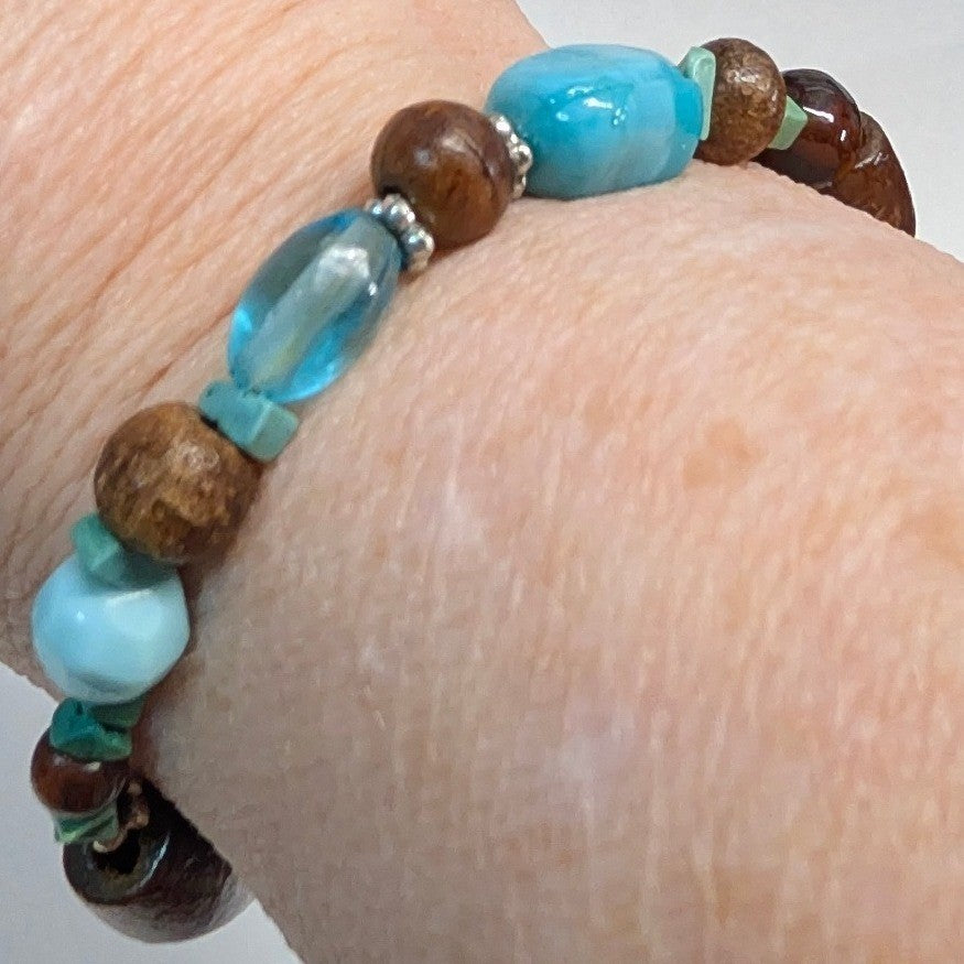 Beaded Stretch Bracelet Blue Brown Wood Glass Stone Beads Boho Eclectic Handmade