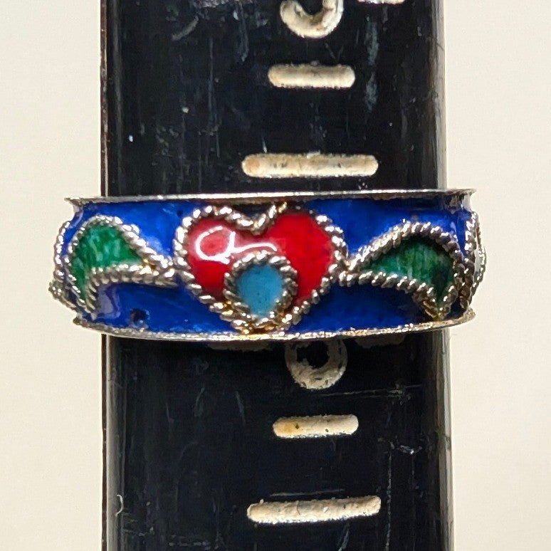 Vintage Cloisonne Enamel Inside Heart Band Ring Size 5.5 Blue Red Green Boho