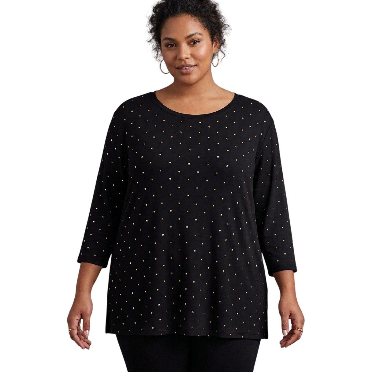 Vince Camuto Studded Tunic Top Plus Size 3X XXX Black Gold 3/4 Sleeve Scoop Neck