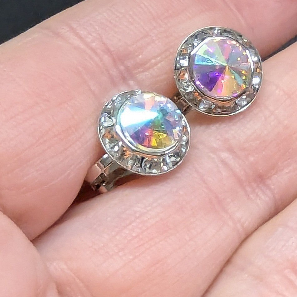 New Clip On Earrings Silver PLated Aurora Borealis AB Crystal Halo Round Wedding