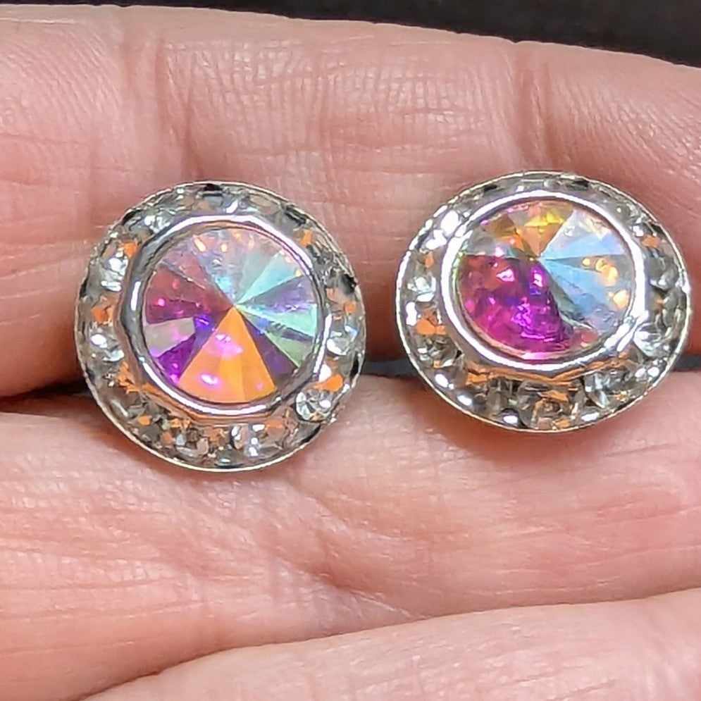 New Aurora Borealis AB Halo Rhinestones Clip On Earrings Silver PLated Wedding