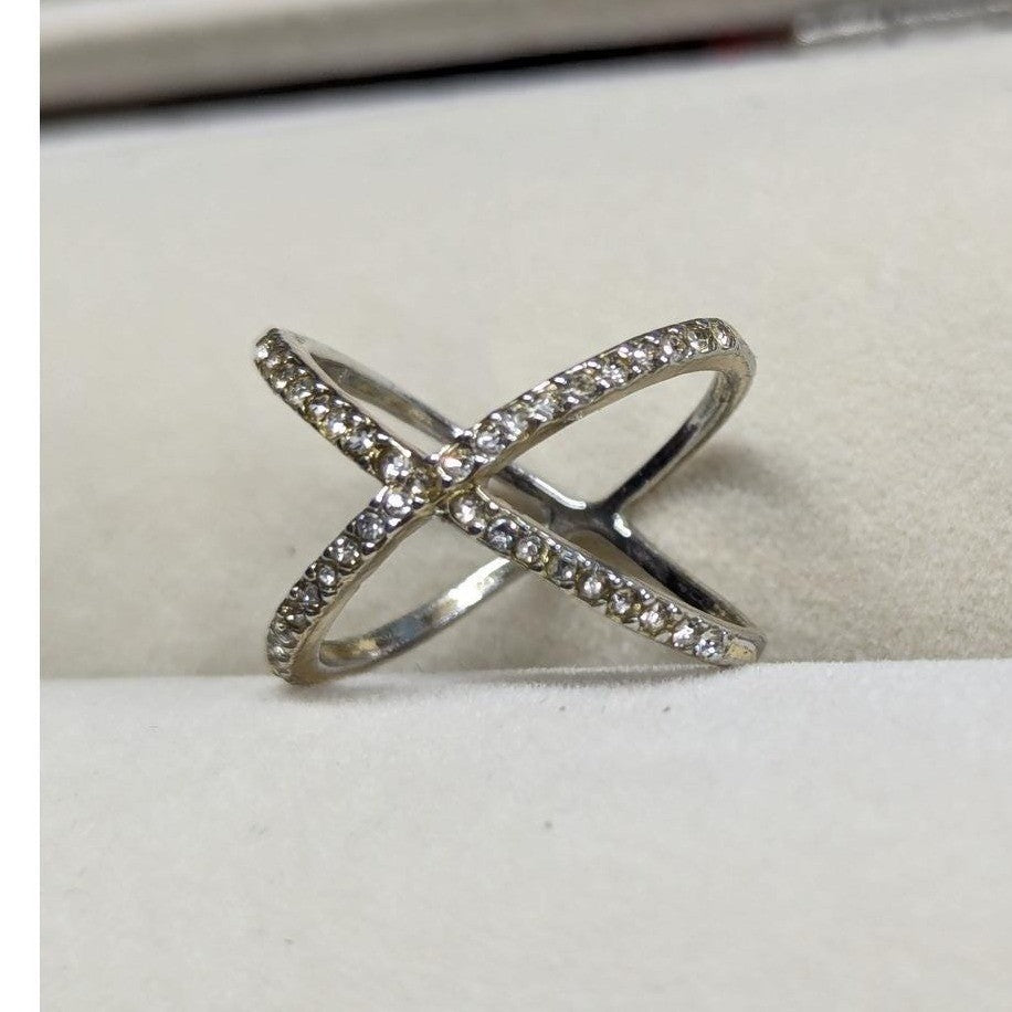 Clear Rhinestones Crystal X Ring Size 7 SilverTone Pave Criss Cross Crossover