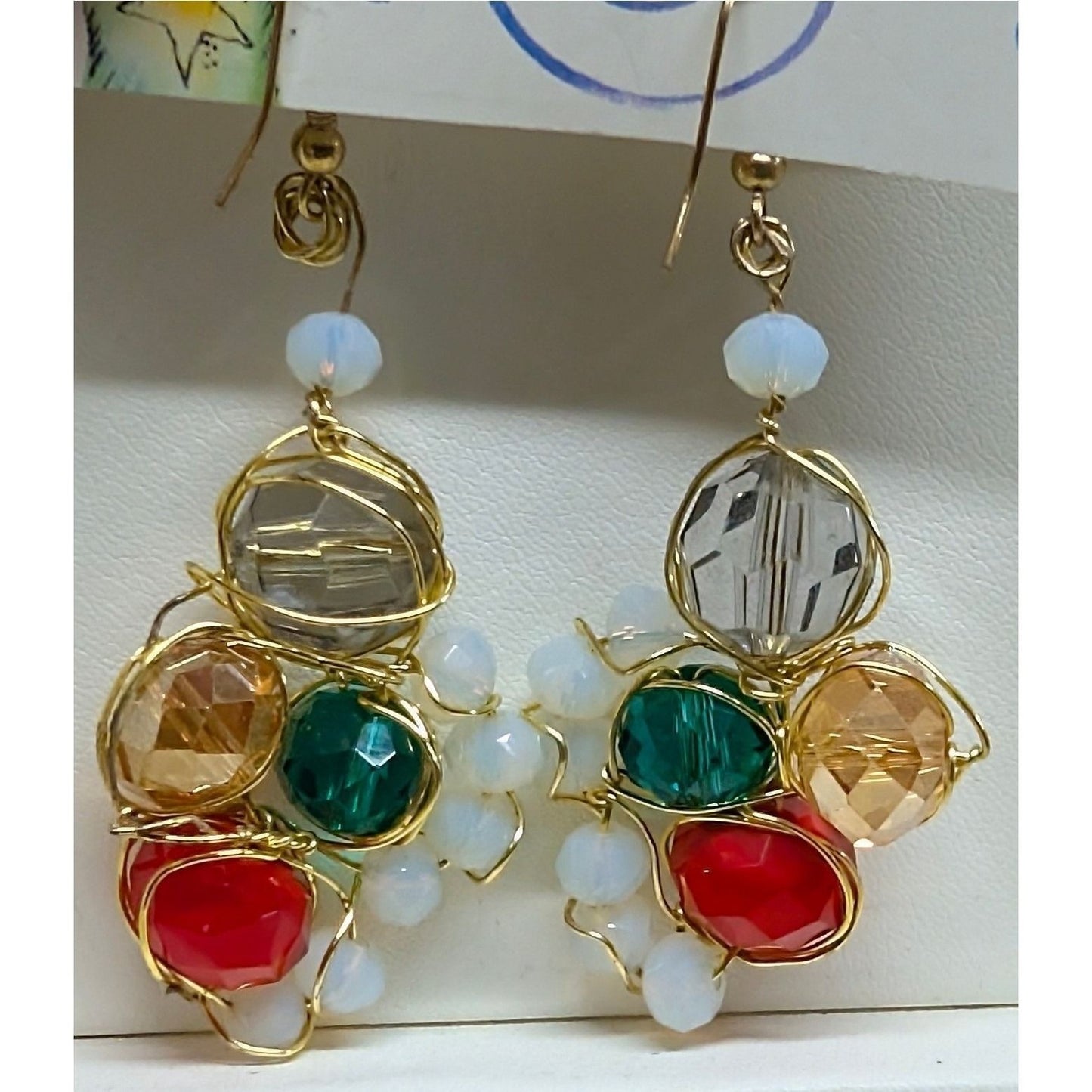 Handmade Multi-Gemstone Beaded Drop Earrings Goldtone Wire Wrap Crystal Glass