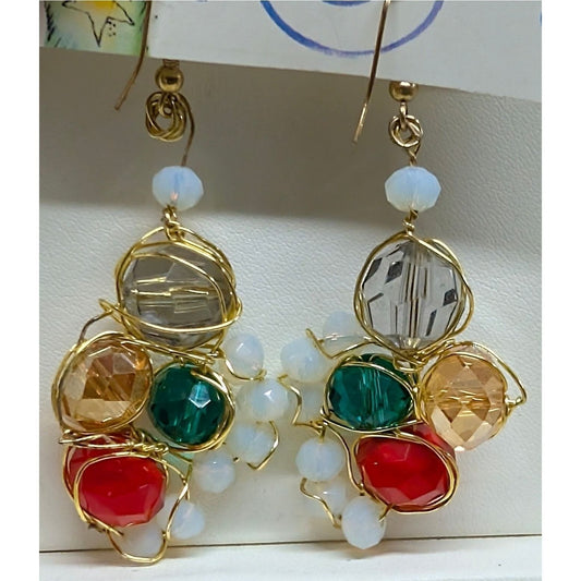 Handmade Multi-Gemstone Beaded Drop Earrings Goldtone Wire Wrap Crystal Glass