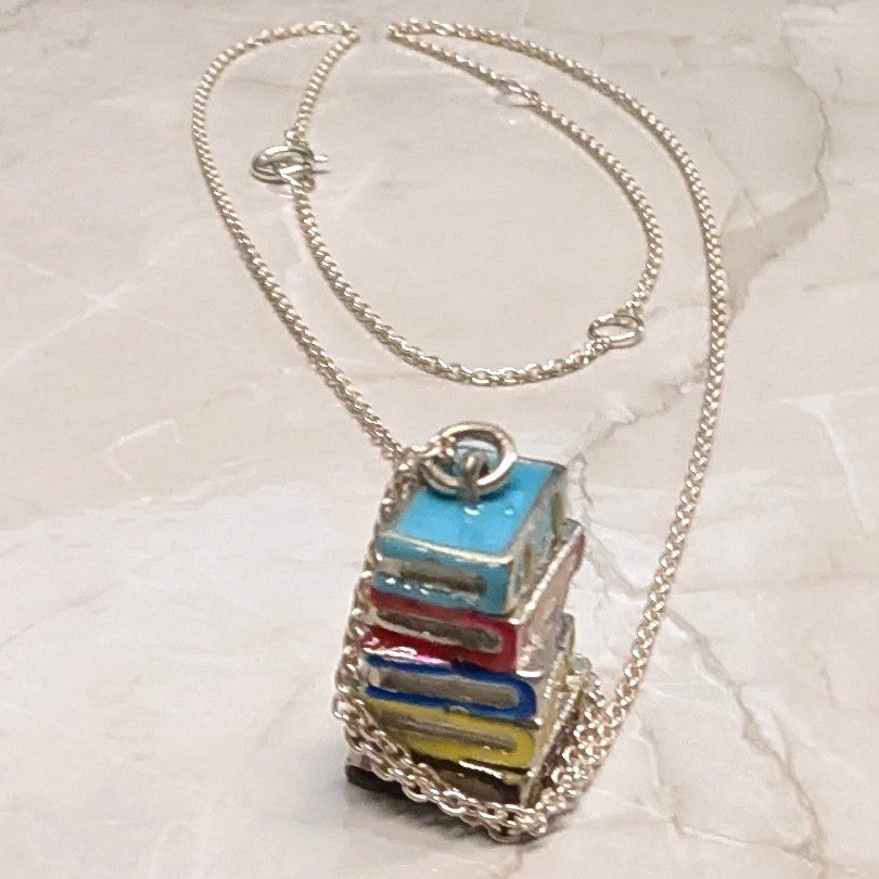 Vtg Real Sterling Silver 925 Stack of Books Pendant 20.75" Necklace Enamel Charm