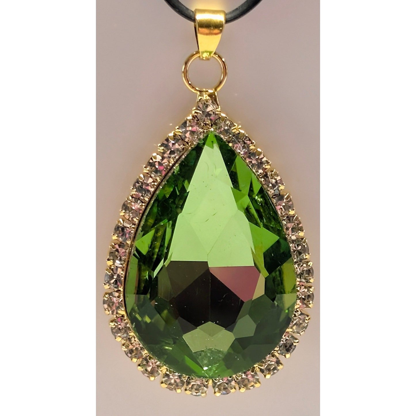 New 1.75" Pendant Peridot Green Gold Tone Clear Rhinestone Halo Teardrop Faceted