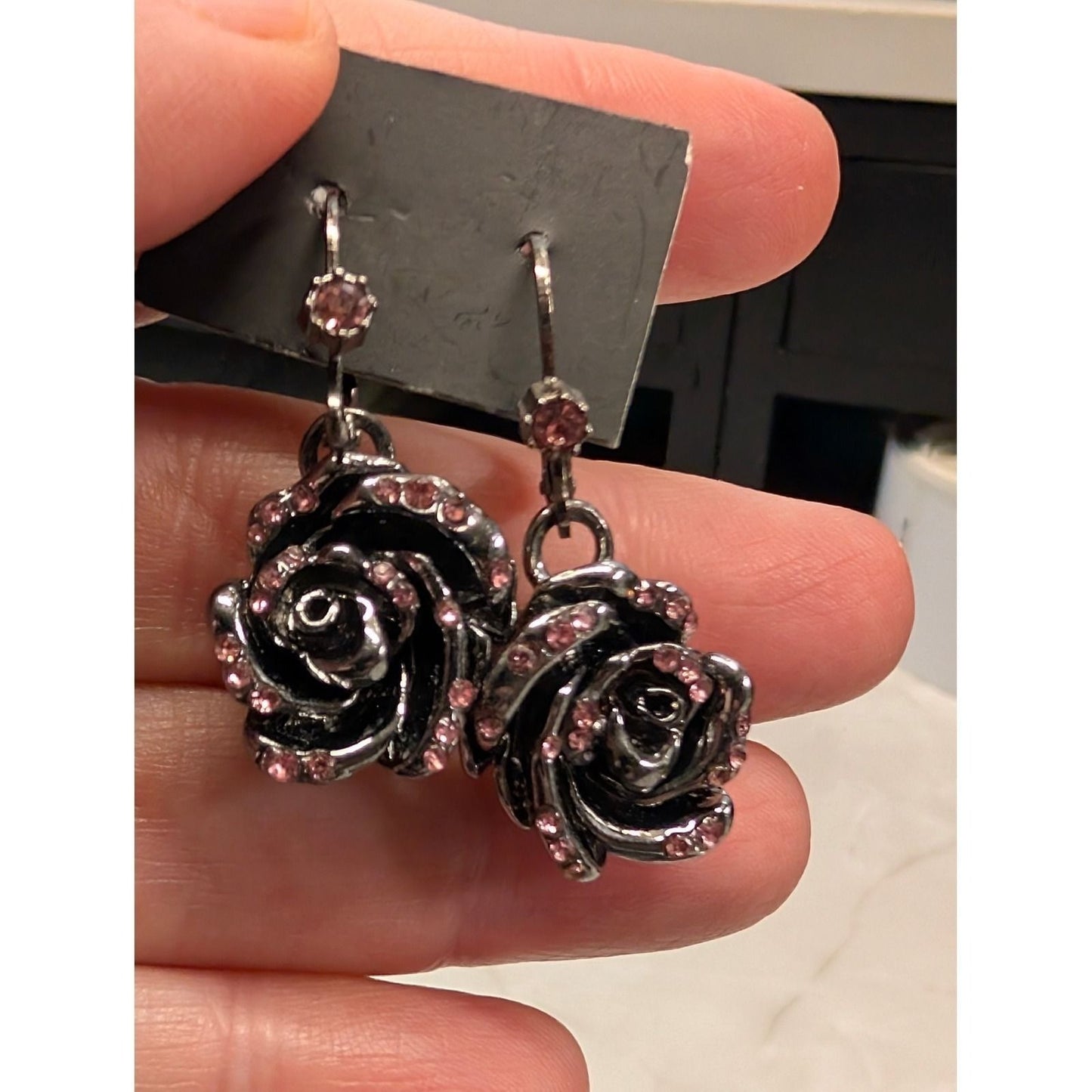 Betsey Johnson Rose Drop Earrings Gunmetal Pink Crystal Rhinestones Floral