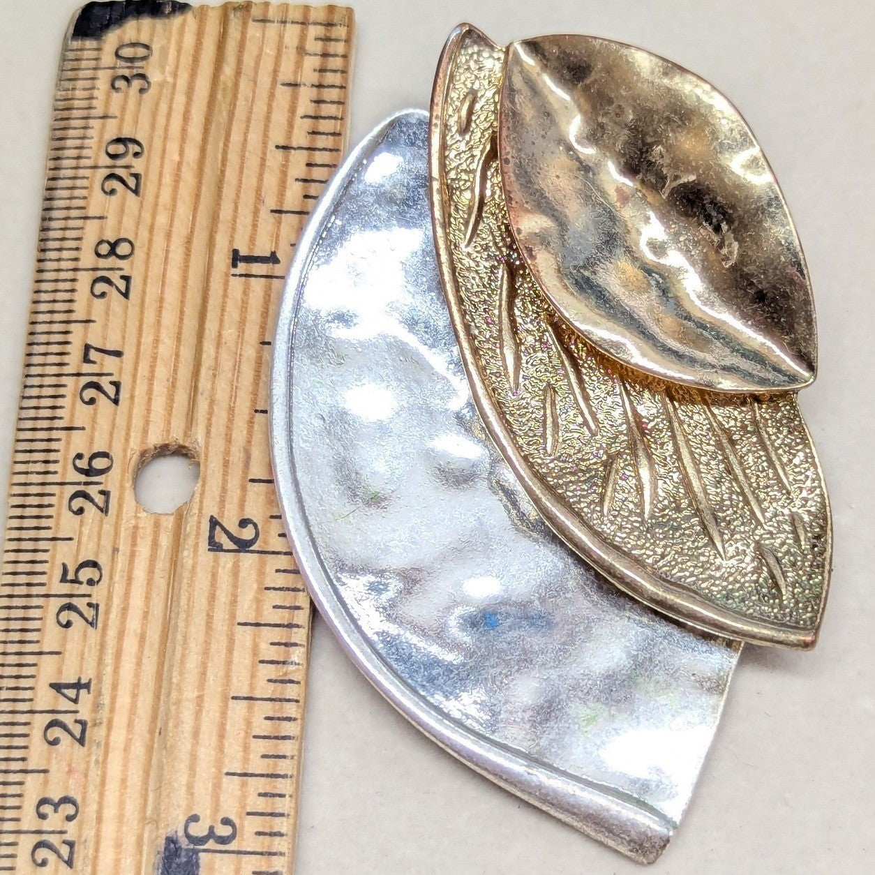 Vintage Mixed Metal 3 Inch Leaf Pendant Gold Silver Tone Hammered Organic Modern