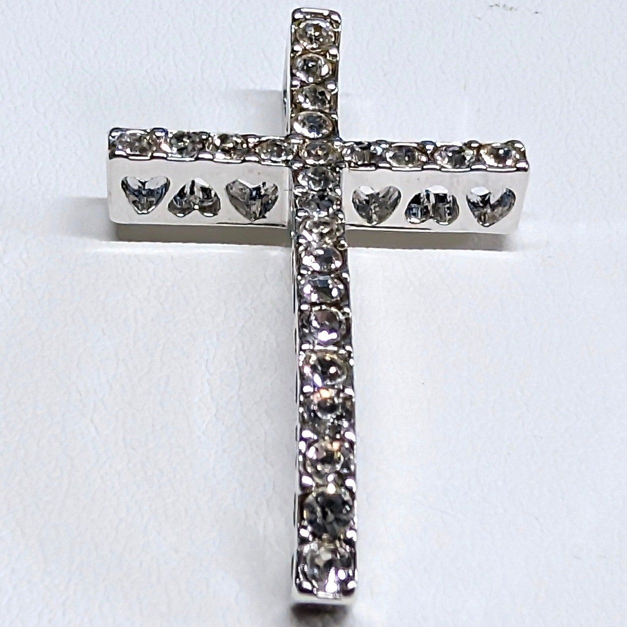 New 1.66" 925 Sterling Silver PLated Rhinestone Cross Pendant Wavy Heart Cutouts