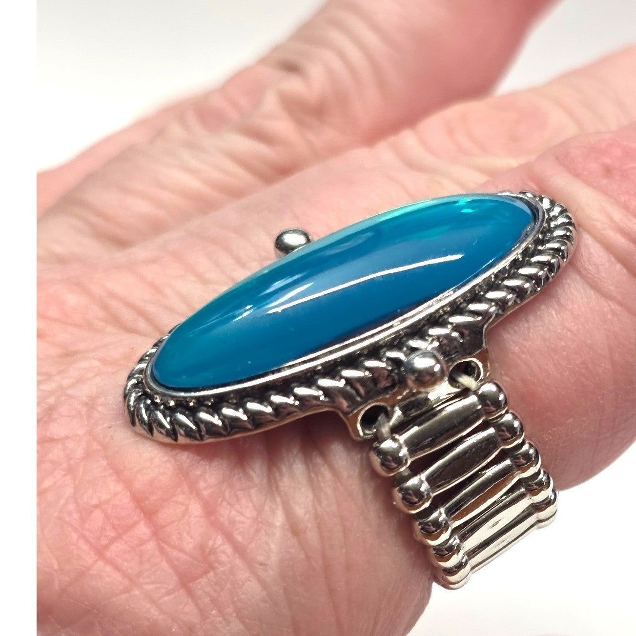 New Blue Green Moonstone 1.5" Oval Ring Plus Size Blue Silver Tone Stretchy Band
