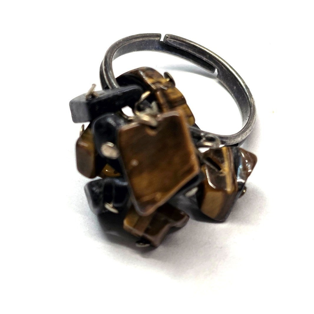 Vintage Tigers Eye Black Chip CHa CHa Stone Cluster Statement Ring 7 Brown Black