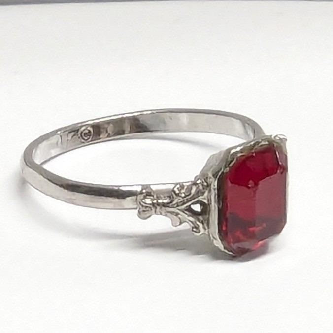 Vintage Uncas Faux Ruby Red Emerald Cut Ring Adjustable Silver Tone Filigree