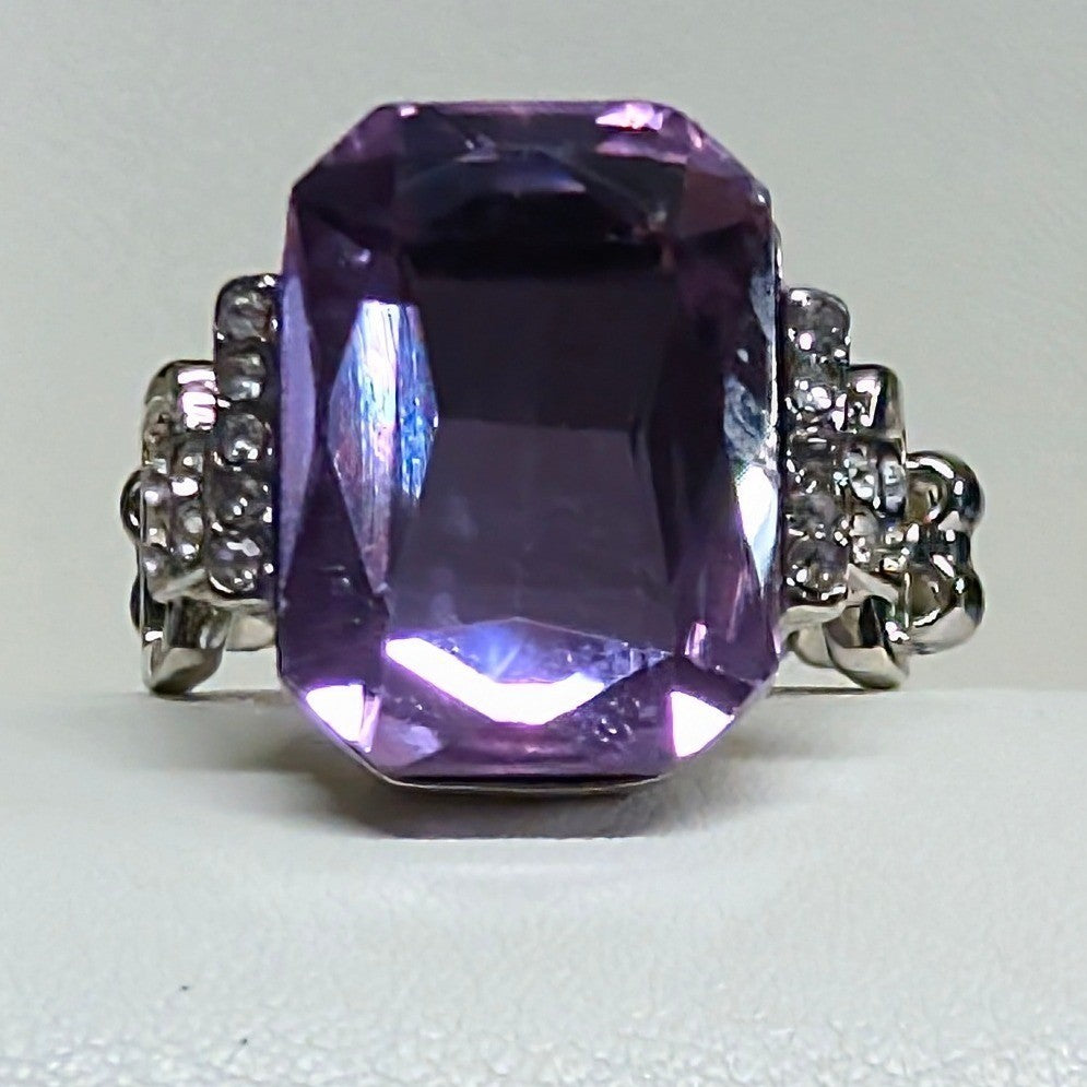 New Purple Emerald Cut Chunky Clear Rhinestone Statement Ring SilverTone Stretch