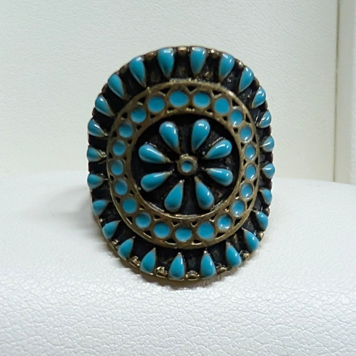 Vintage Statement Oval Turquoise Faux Stone Ring Size 6.5 Brass Tone Boho Ethnic