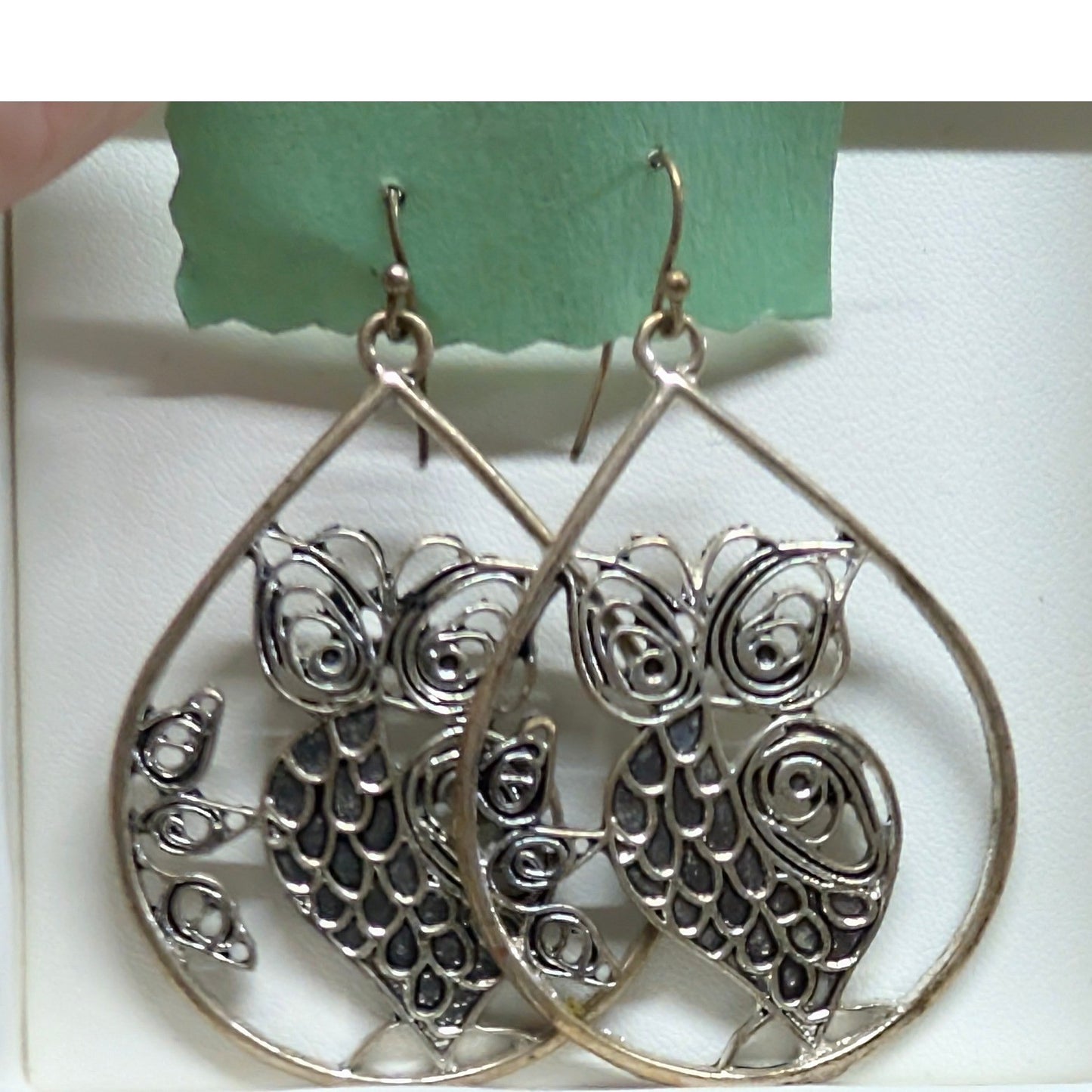 Vintage Owl Filigree Teardrop Dangle Earrings Birds Silver Tone Whimsical