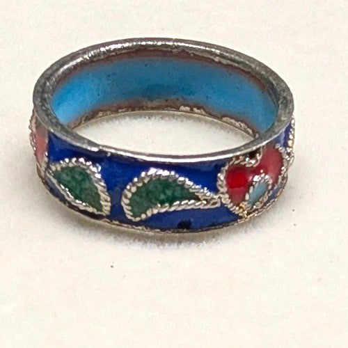 Vintage Cloisonne Enamel Inside Heart Band Ring Size 5.5 Blue Red Green Boho