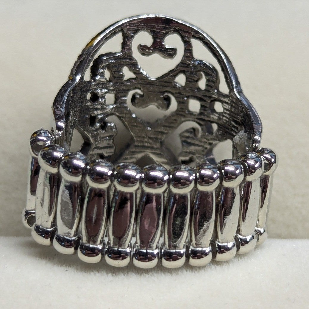 New Filigree Shield Ring SilverTone Green Rhinestone Stretch Band Plus Size Oval