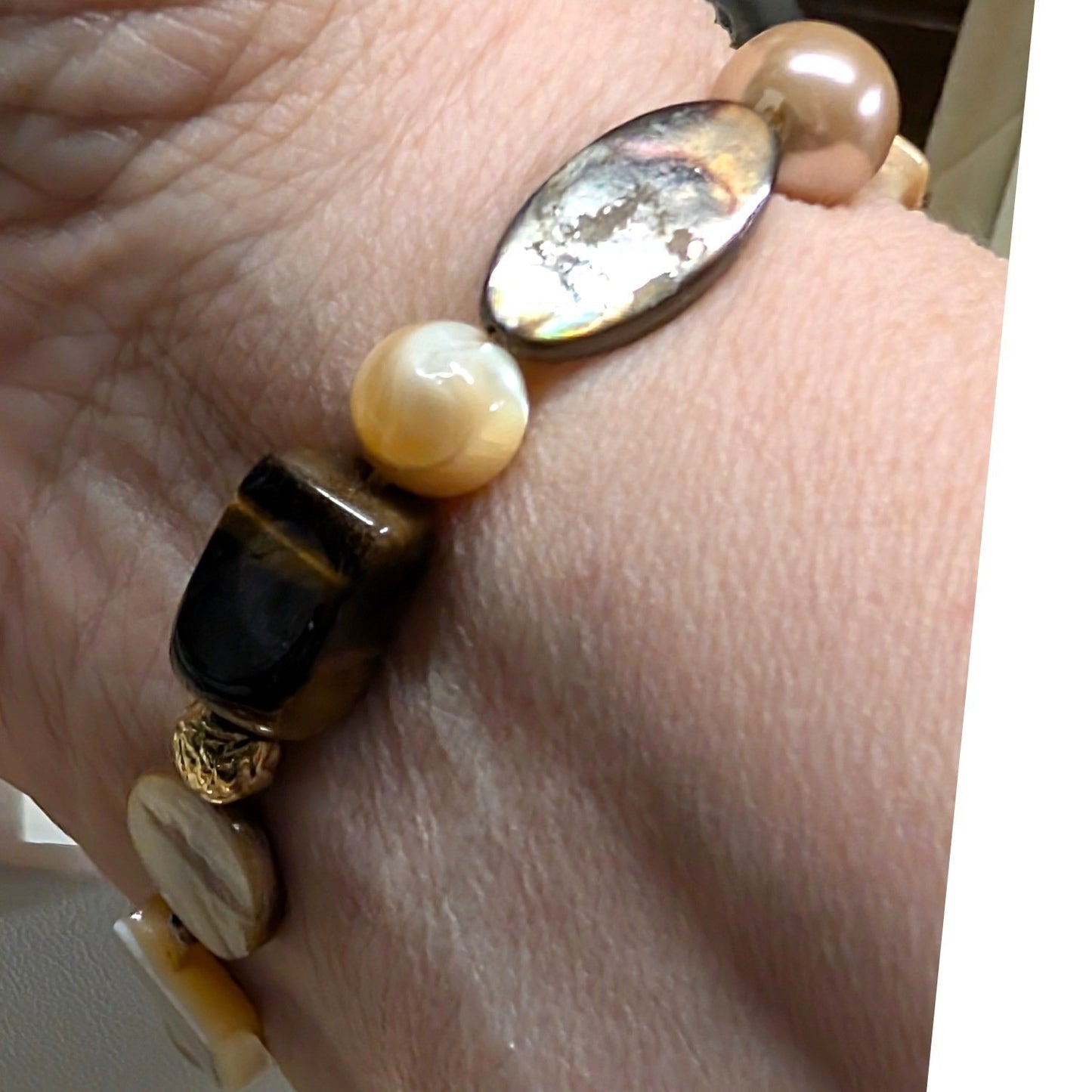 Vintage Tiger Eye Mother of Pearl Stretch Bracelet Brown Earthy Beaded Beads