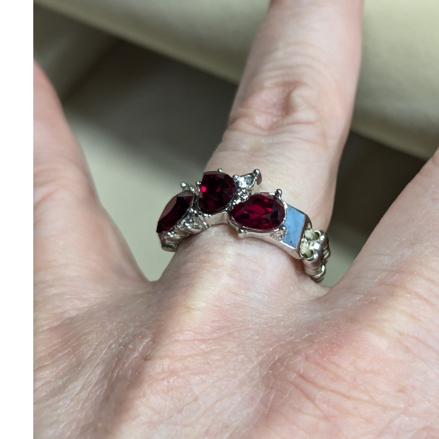 New Red Clear Rhinestone Stretch Ring Silvertone Pear Cut Teardrop Plus Size