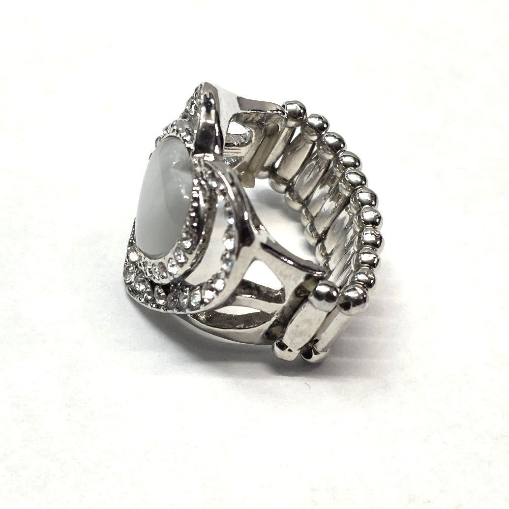 New Heart Ring Silver Tone Cat Eye Moonstone Rhinestone Stretch Band PLus Size