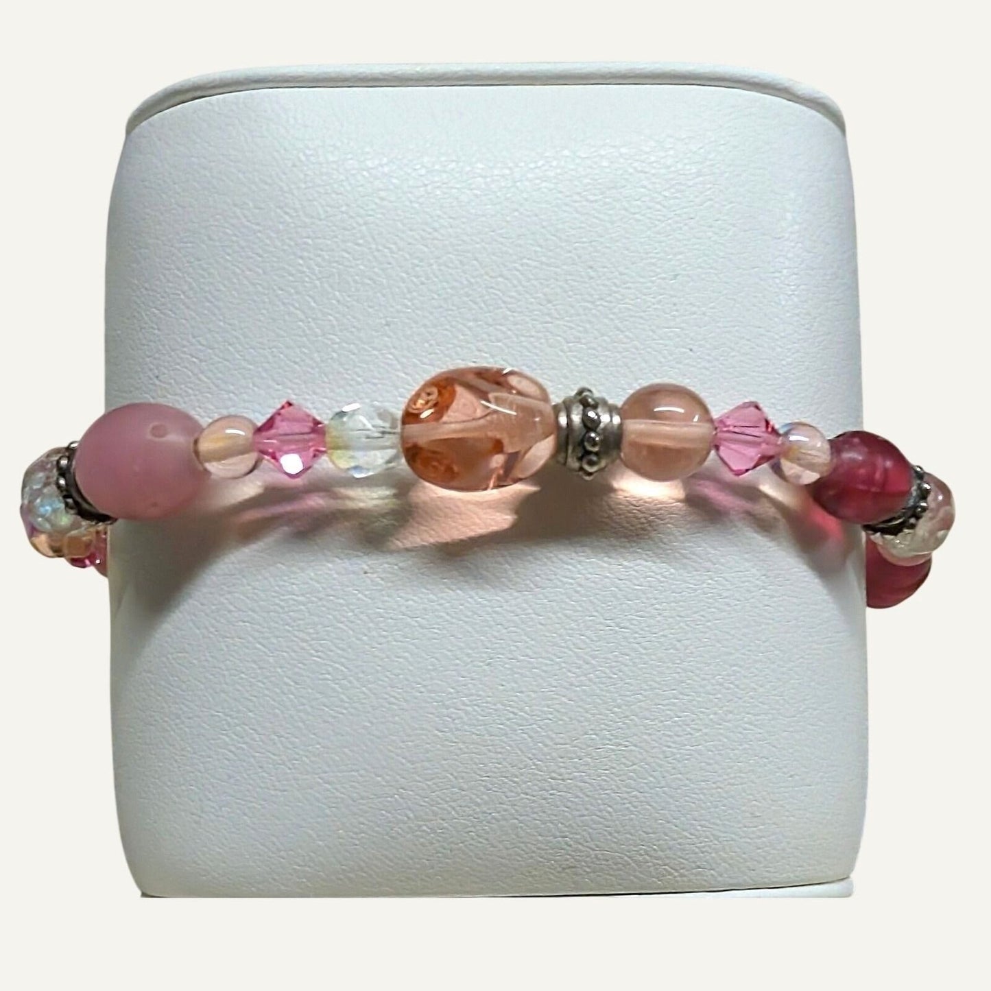 Handmade Pink Beaded Bracelet Pink Cat Eye Silver Tone Crystal Glass 8.5 Large