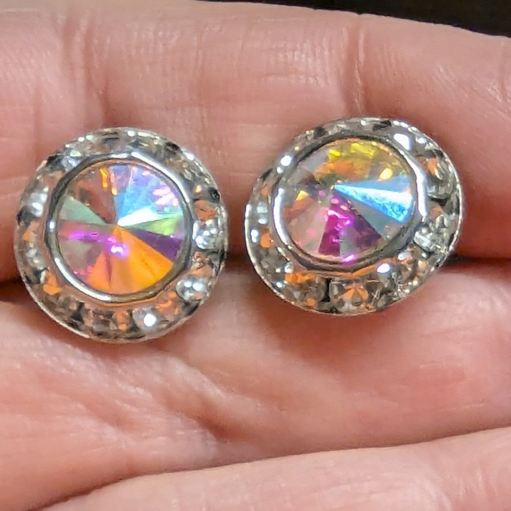 New Aurora Borealis AB Halo Rhinestones Clip On Earrings Silver PLated Wedding