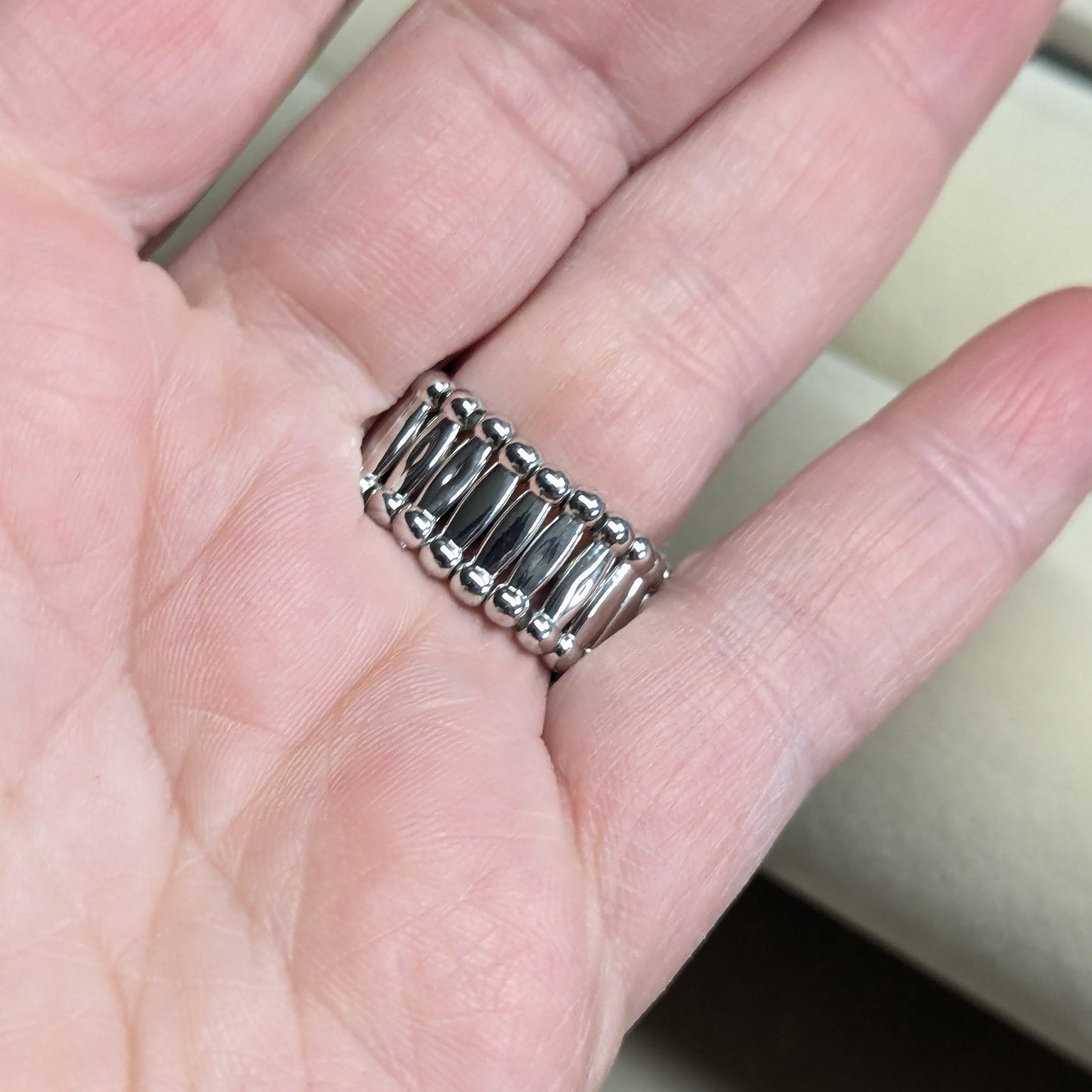 New Ring Silver Tone Oval Textured Stretch Band Boho Peasant
