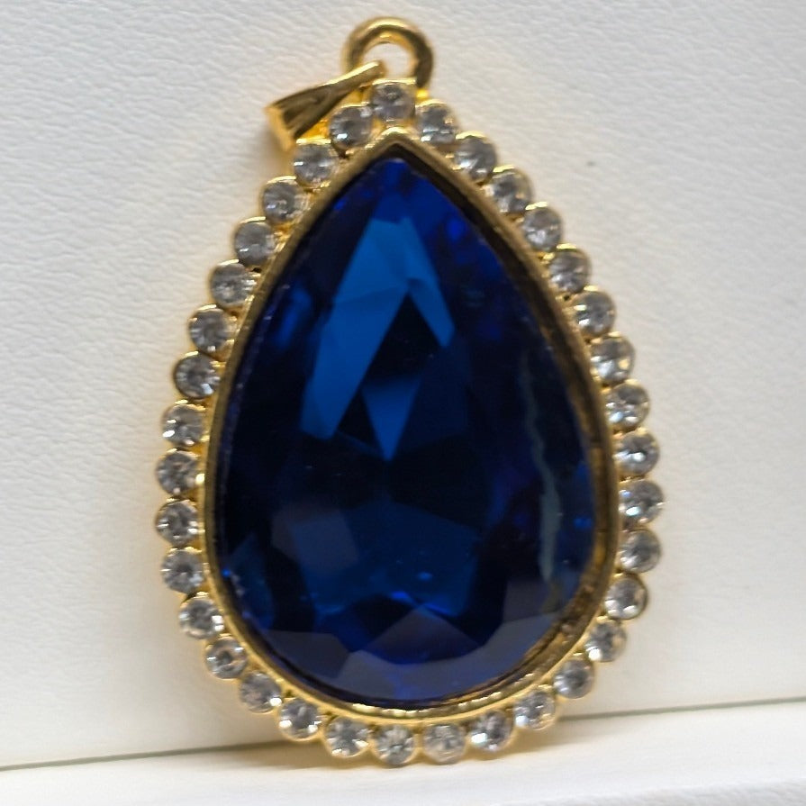 New Teardrop Pendant Cobalt Blue Clear Pave Gold ToneRhinestones Halo 1.75" Pear