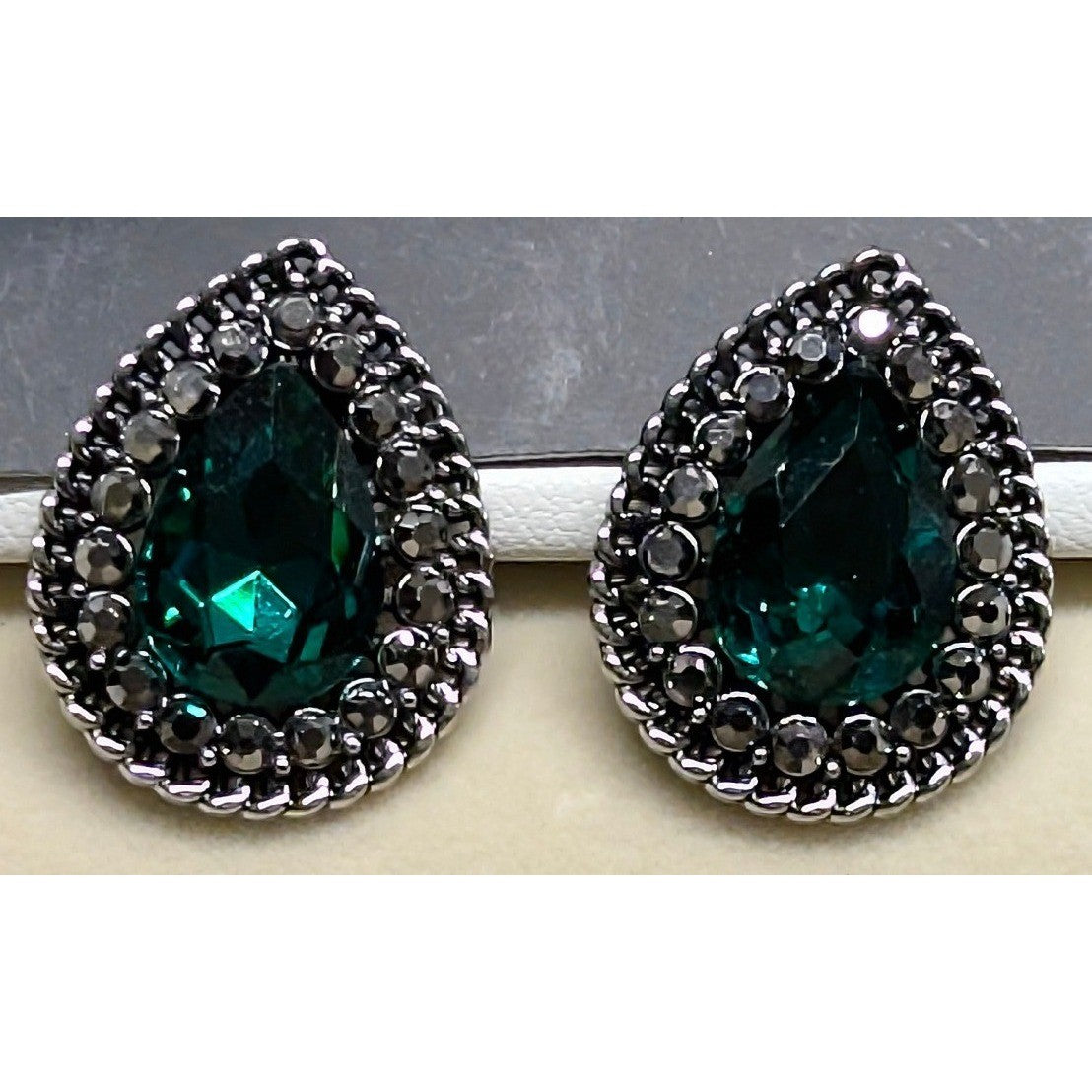 New Earrings Women Green Teardrop Tear Drop Halo Rhinestone Silver Tone Studs
