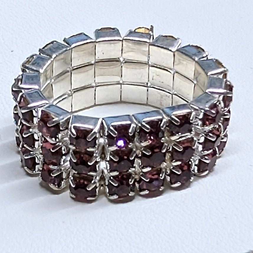 New Triple 3 Row Rhinestones Stretch Ring Pink Purple SilverTone Band Barbiecore