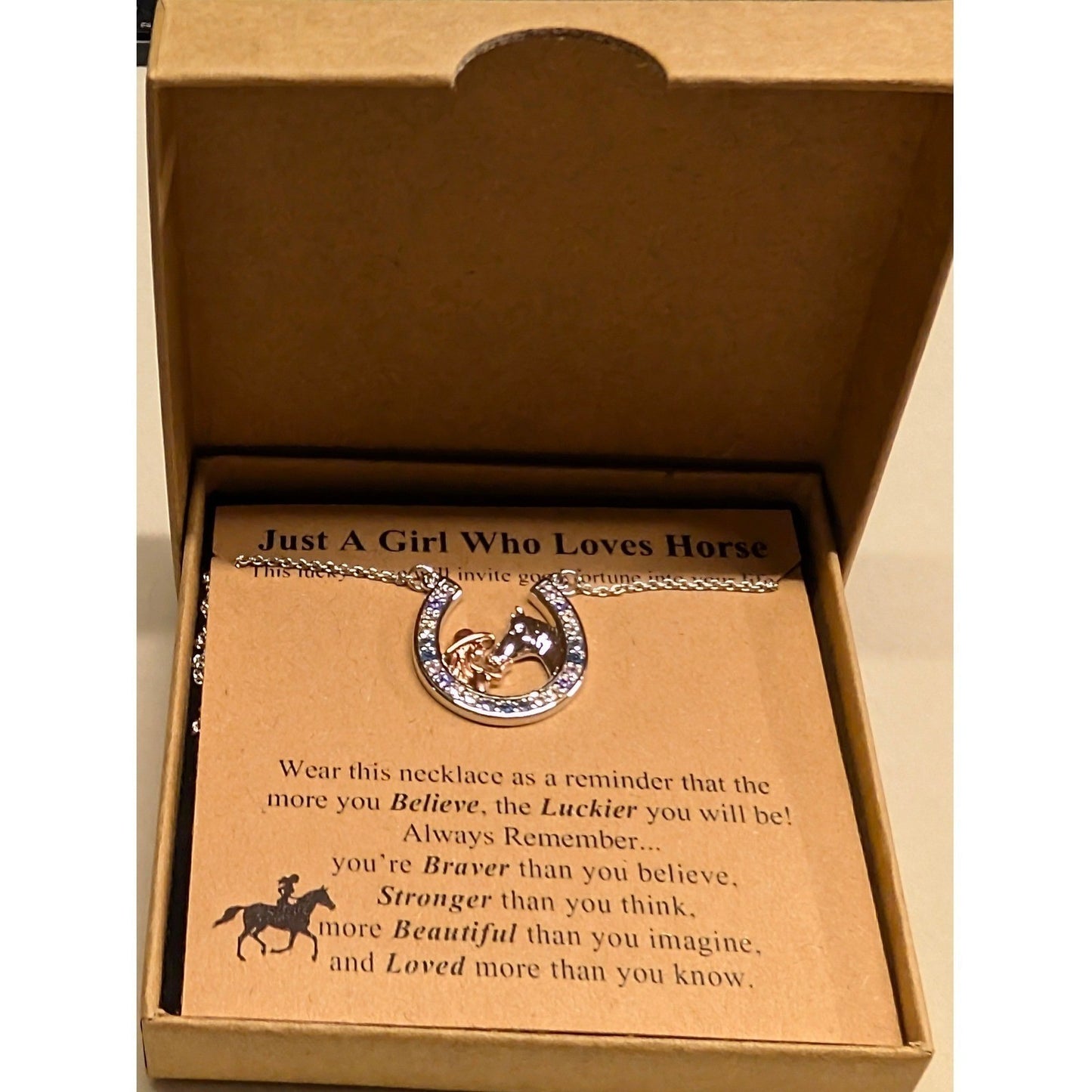 NEW Just A Girl Who Loves Horses Necklace Silver Rose Tone Horseshoe Rhinestone