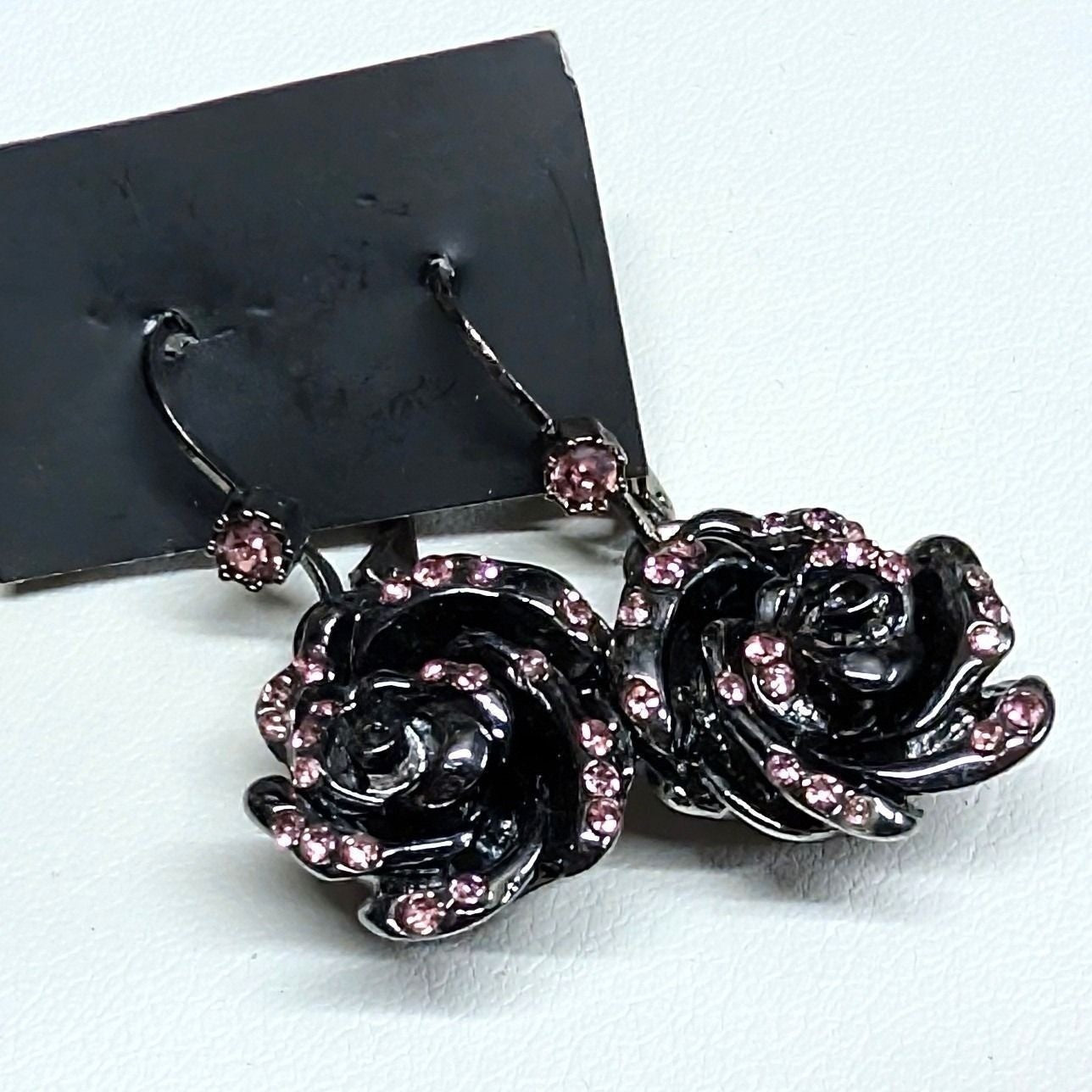 Betsey Johnson Rose Drop Earrings Gunmetal Pink Crystal Rhinestones Floral