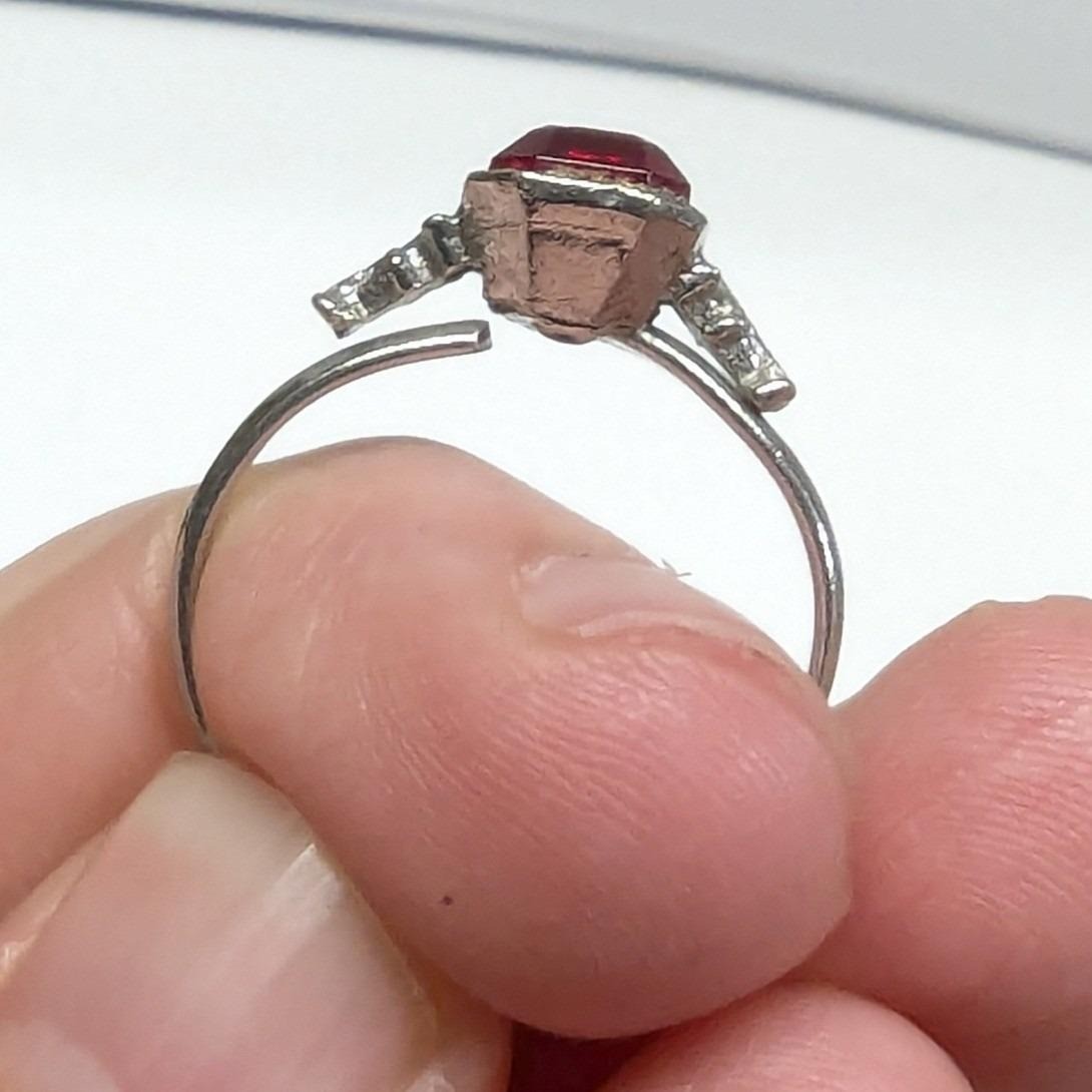Vintage Uncas Faux Ruby Red Emerald Cut Ring Adjustable Silver Tone Filigree