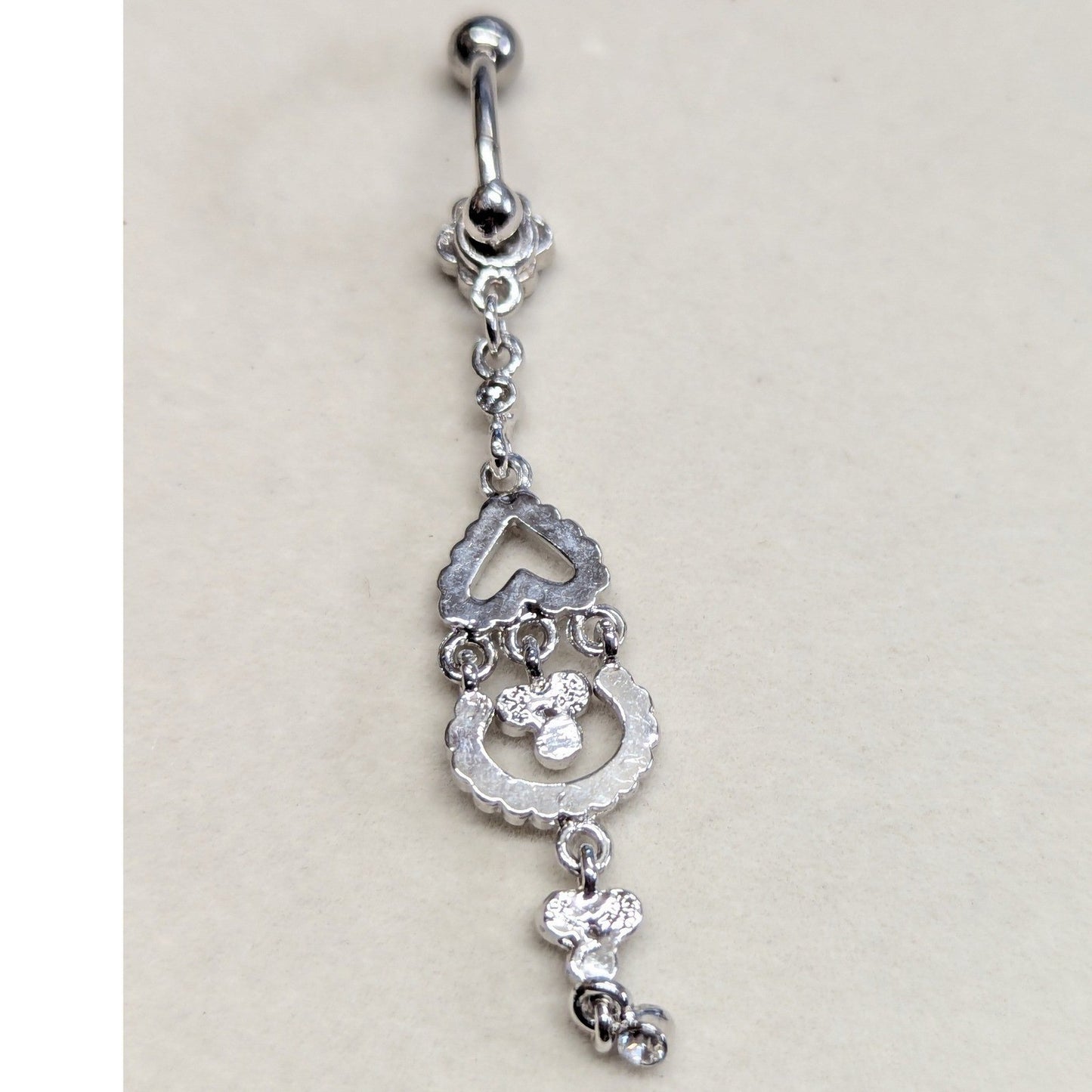Heart Flower Dangle Belly Ring Women Silver Tone Rhinestone Sparkly Body Jewelry