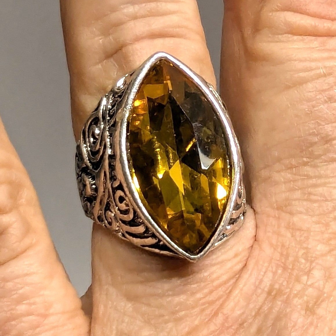 SilverTone Marquise Faceted Yellow Citrine November Statement Ring Plus Size 11