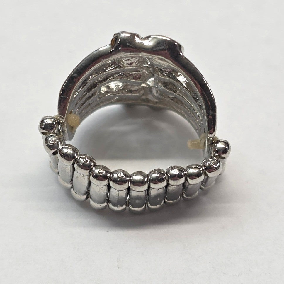 New Dark Rhinestone Stretch Band Ring Gray Silver Tone Statement Chunky PLus