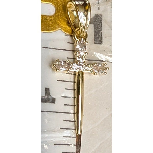 New Jewelry Dagger Cross Pendant 18K GP Gold PLated CZ Gothic Sword Religious