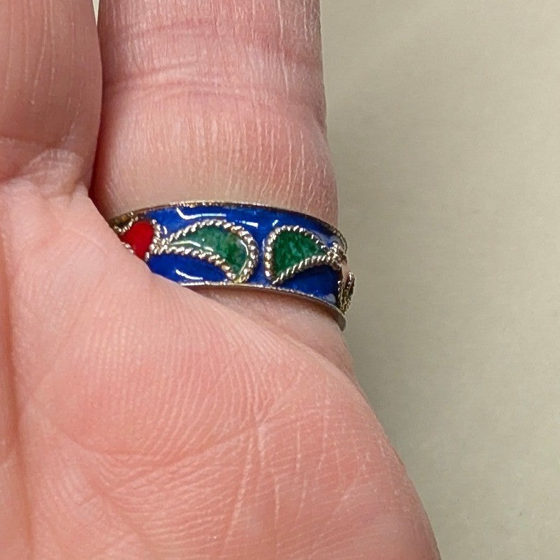 Vintage Cloisonne Enamel Inside Heart Band Ring Size 5.5 Blue Red Green Boho