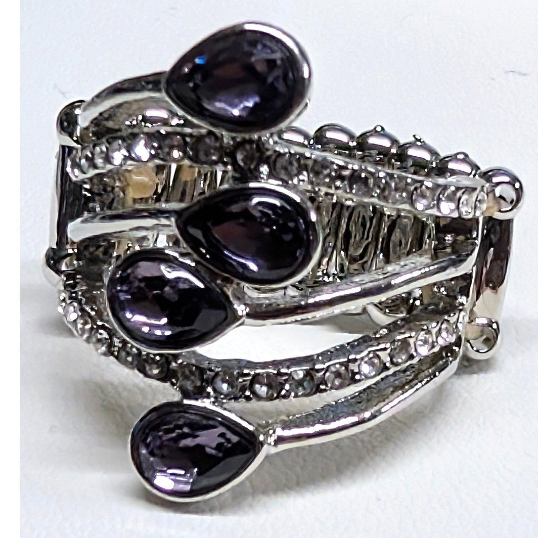 New Purple Teardrop Rhinestone Stretch Ring Purple Tear Drop Clear Silver Tone