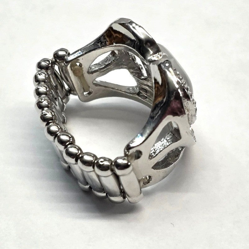 New Heart Ring Silver Tone Cat Eye Moonstone Rhinestone Stretch Band PLus Size