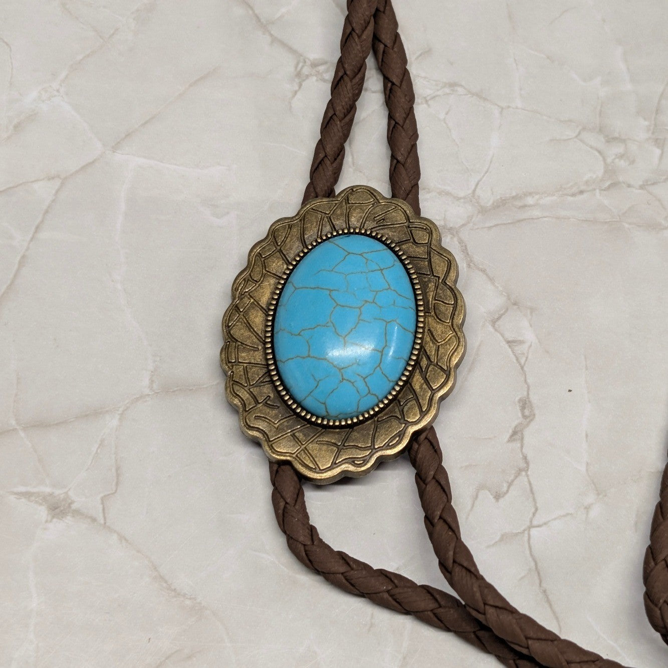 New Bolo Tie Brown Braided Cord Faux Oval Turquoise Stone BrassTone Cowboy Rodeo