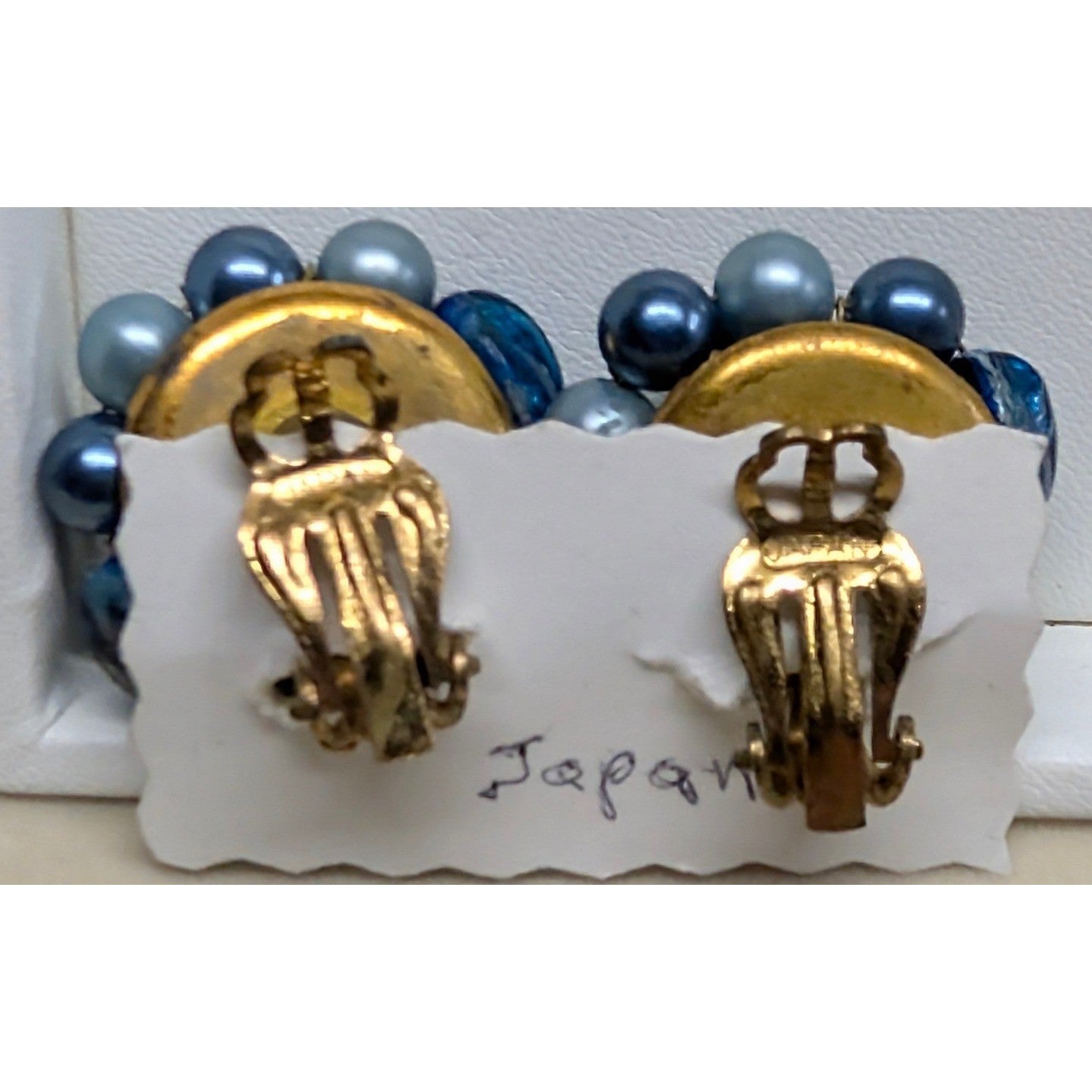 Vintage Japan Beaded Cluster Clip On Earrings Blue Faux Pearl Crystal Handmade