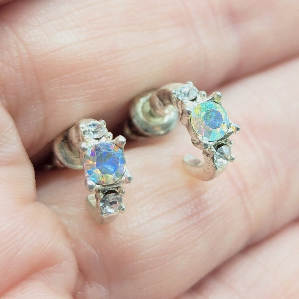 Vintage AB Crystal J Hoop Earrings Small Silver Tone Iridescent Rhinestones