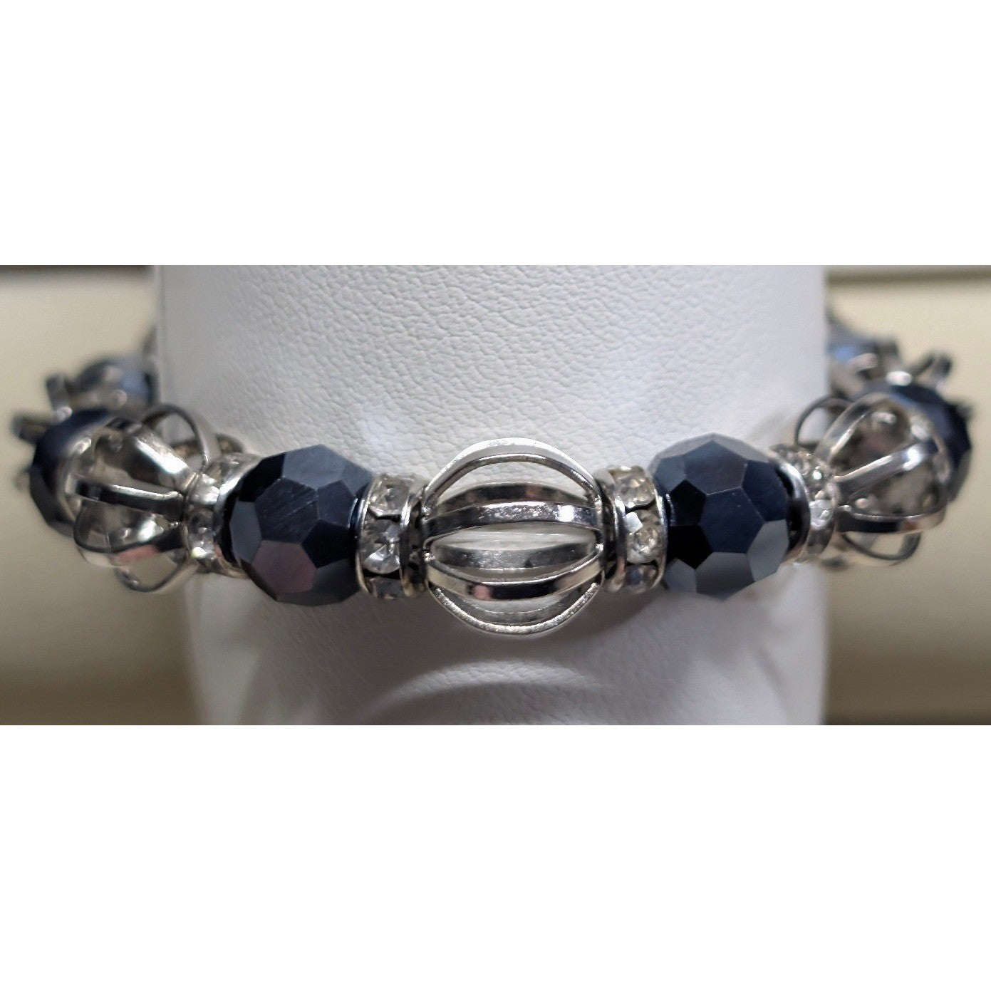 New Beaded Stretch Bracelet Silver Tone Blue Faceted Clear Rhinestone Cage Beads