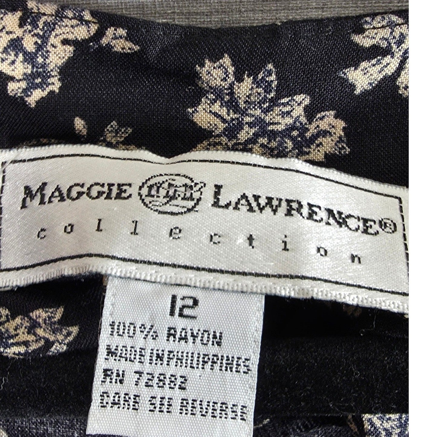 Vtg Maggie Lawrence Floral Button Front Dress Size 12 Black Khaki Rayon 90s