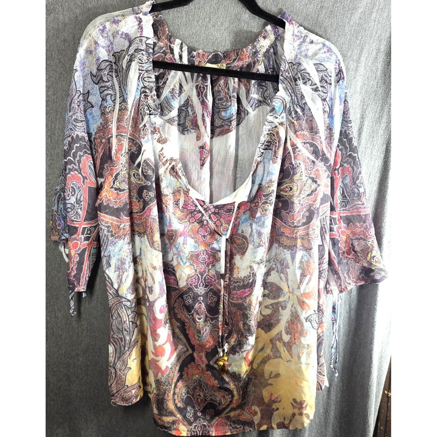 Energe World Wear Paisley Tunic Top Plus Size 1X Boho V-Neck Tie Chiffon Flowy