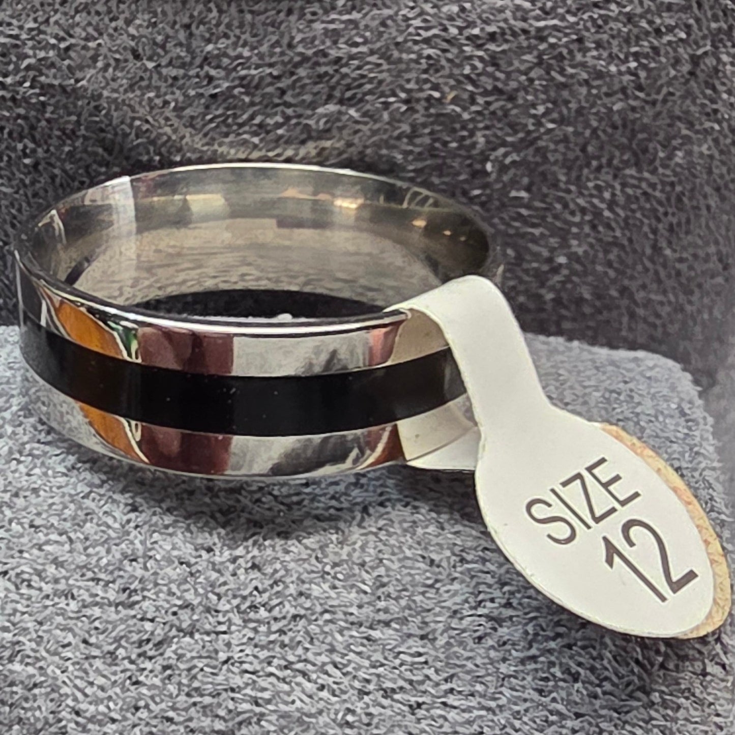 New Band Ring Plus Size 13 SilverTone Black Inlay Wedding Thumb Commitment Shiny