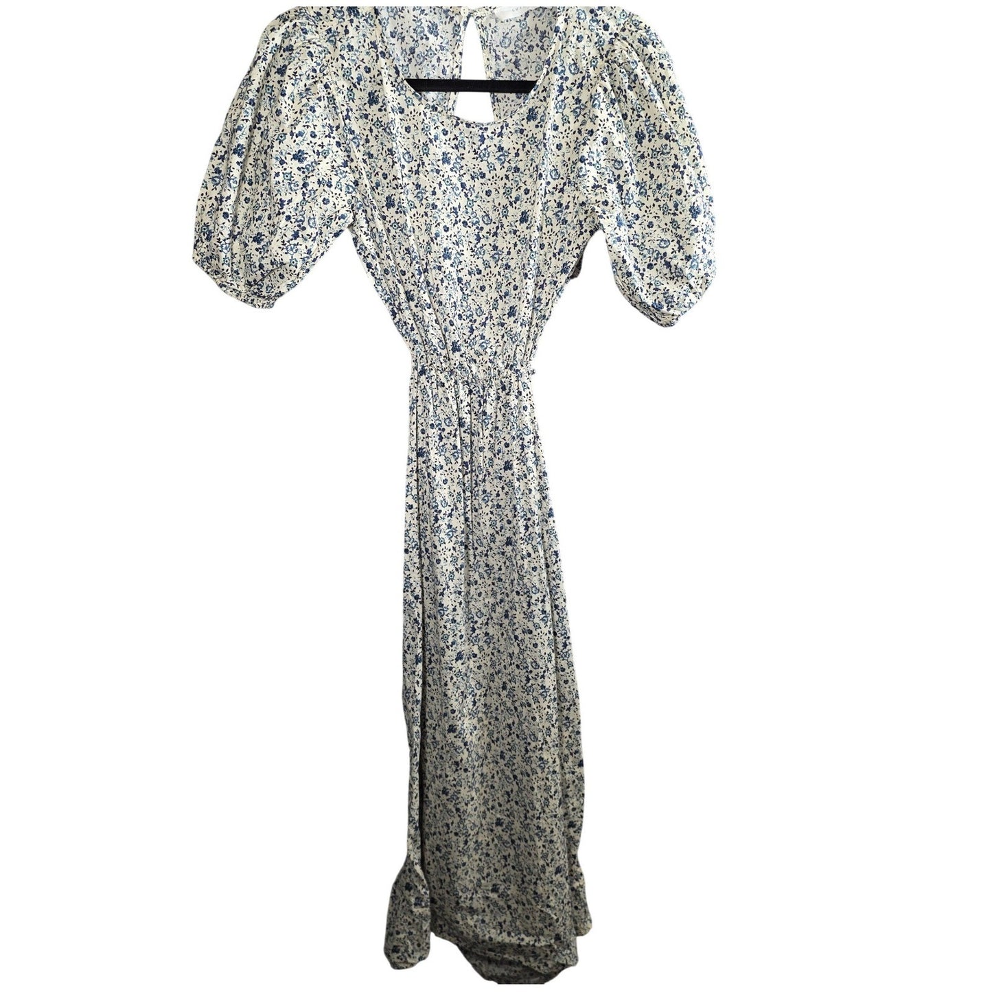 Lush Maxi Dress Floral Small S Cotton Blue White Cut Out Back Short Sleeves