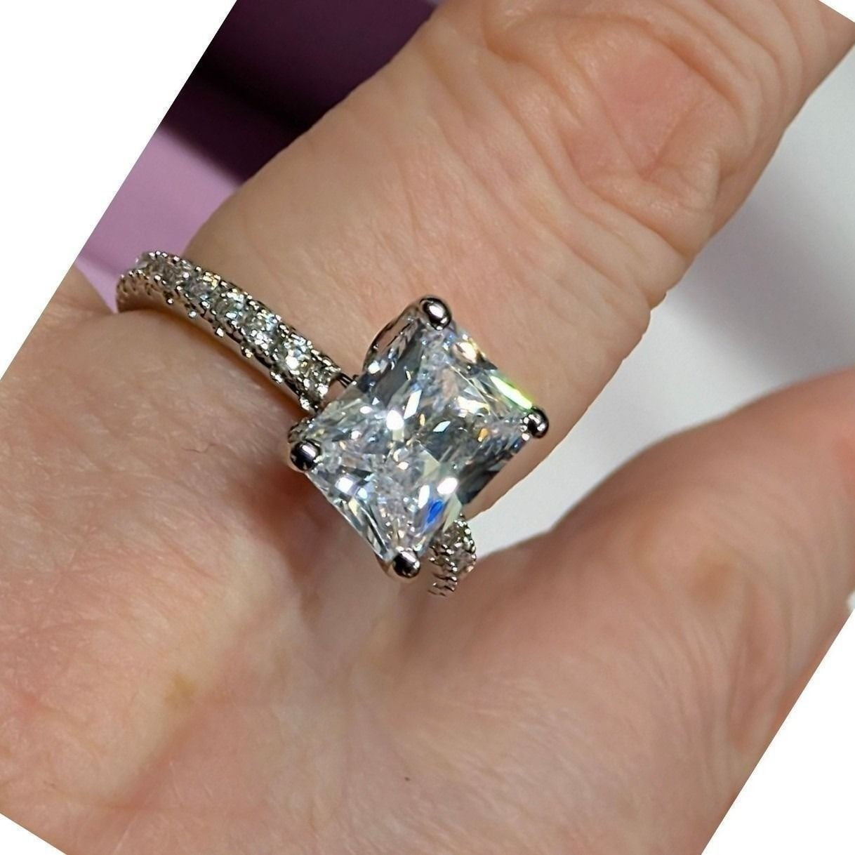 New in Box 14K Gold Radiant Cut Cubic Zirconia Engagement Ring Size 7.25 Pave CZ